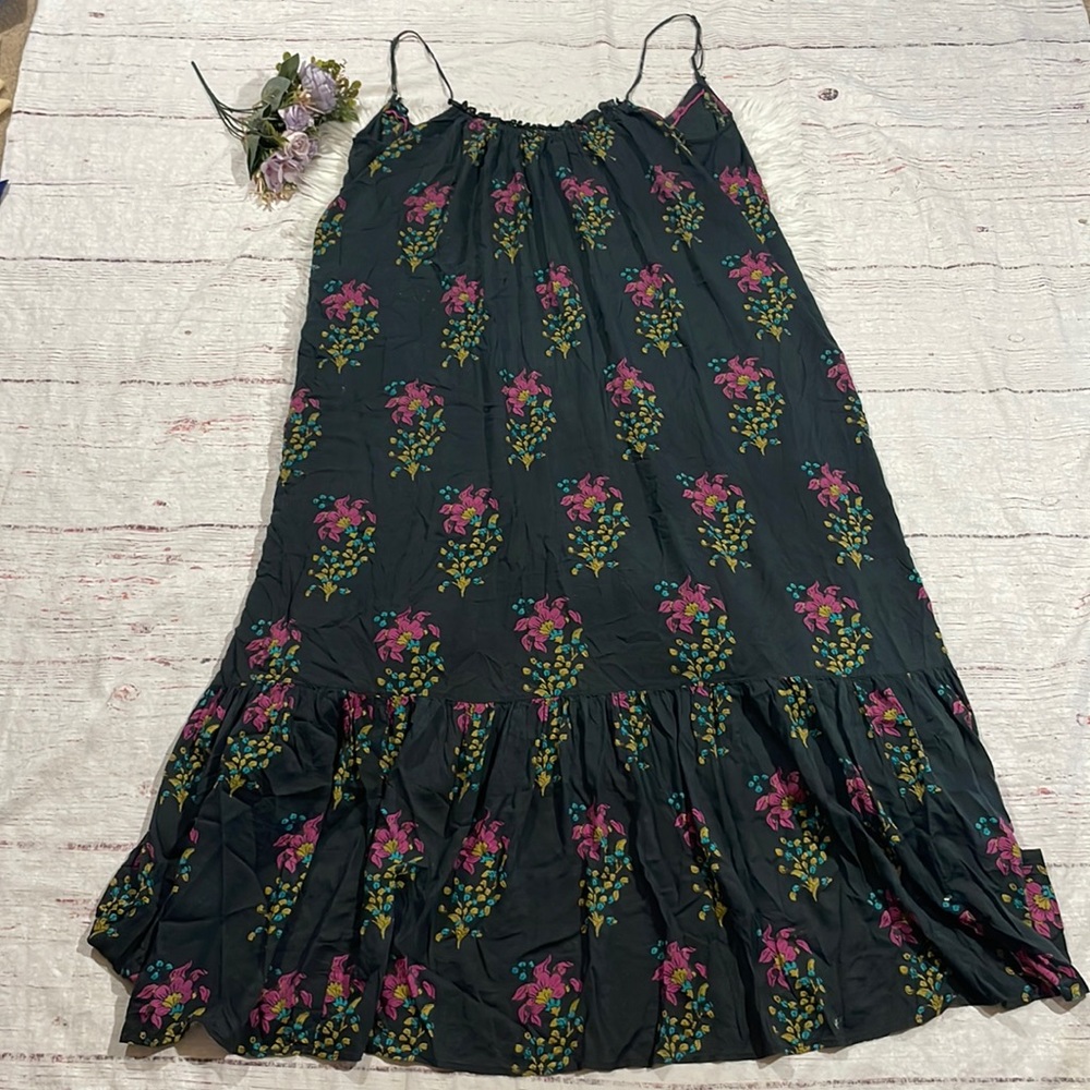 By Anthropologie Malika Floral Black Drapey Ruffle Maxi Dress